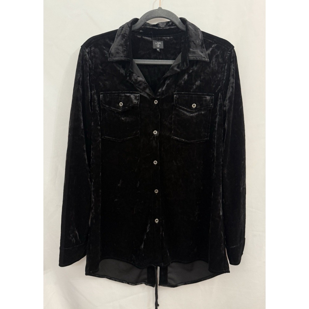 Billy T Black Crushed Velvet Button Up Lace Up Back Top Size M Whimsigoth Grunge